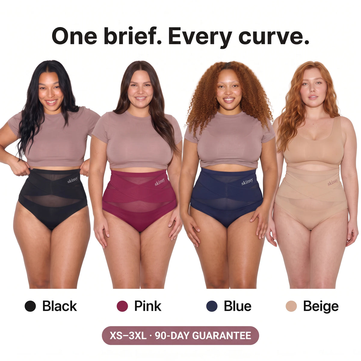 One brief, every curve: four colours, sizes XS to 3XL